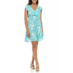 Calvin Klein Blue White Sleeveless Floral Challis Ruffle Hem Dress Lightweight